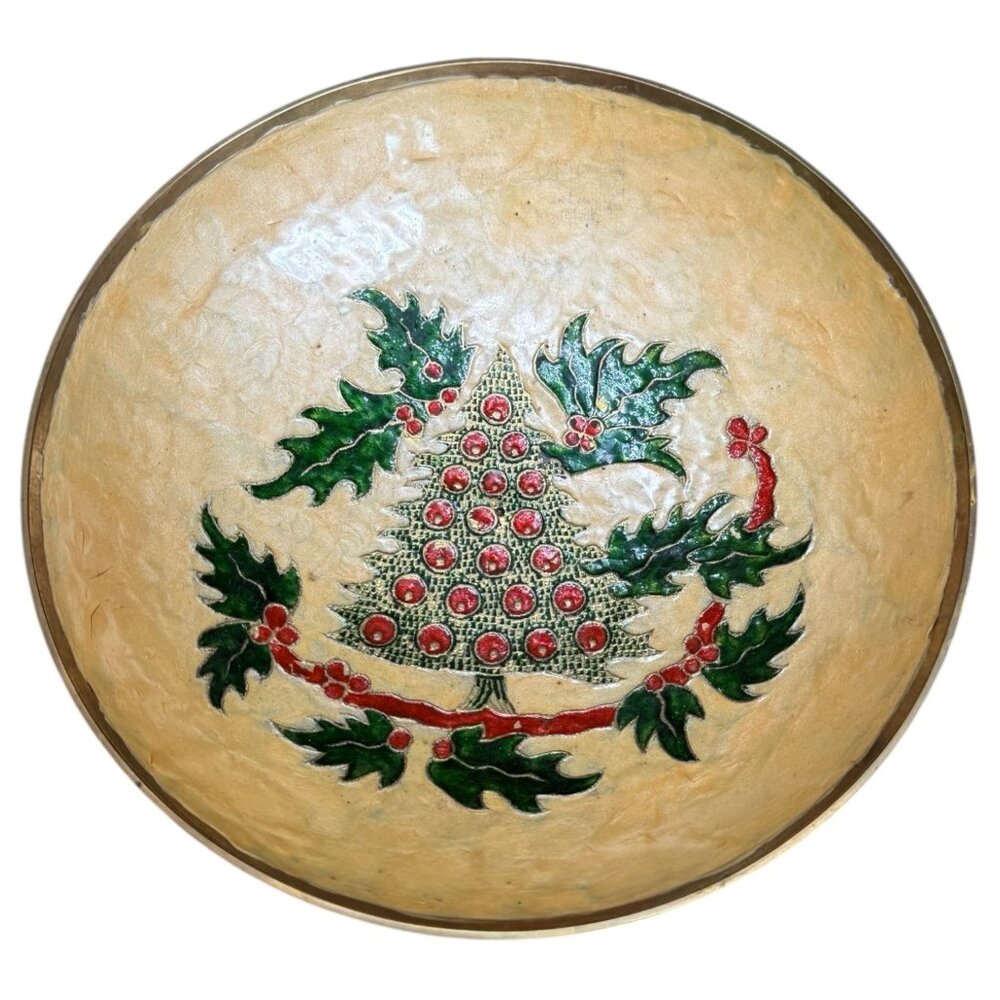 Vintage Enamel Cloisonne Christmas Tree Bowl 9" Holly Handcrafted Brass Pedestal